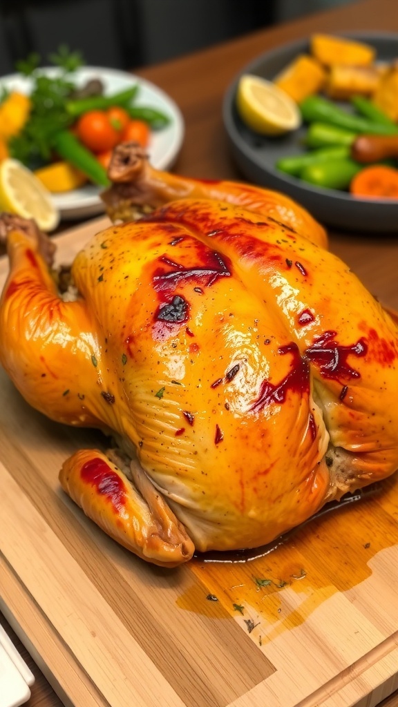 A golden brown roasted whole chicken garnished with herbs and lemon on a wooden board, with roasted vegetables in the background.